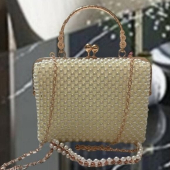 Pearl Beaded Clutch Bag with Rose Gold Chain | Elegant Wedding Purse Evening Han - Picture 1 of 8